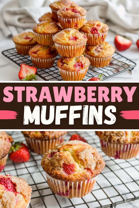 Treat yourself to these delightful strawberry muffins! They're moist, fruity, and perfect for breakfast or snacking. Easy Strawberry Muffins Healthy, Dairy Free Strawberry Muffins, Cake Mix Strawberry Muffins, Strawberry Muffin Recipes Easy, Strawberry Crumble Muffins, Things To Bake With Strawberries, Freeze Dried Strawberry Muffins, Sweet Muffin Recipes, Strawberry Mini Muffins