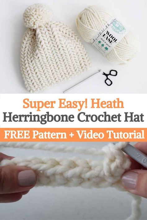 Wool Ease Thick And Quick Knit Hat, Wool Ease Beanie Crochet Pattern, Wool Ease Crochet Hat, Bulky Wool Crochet Patterns, Bulky Crochet Beanie Pattern Free, Crochet Herringbone Hat, Crochet Beanie Pattern Free Bulky Yarn, Herringbone Crochet Hat, Crochet Beanie Tutorial Videos