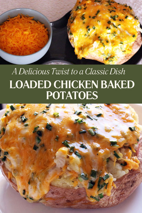 Loaded Chicken Baked Potatoes are a mouthwatering and satisfying meal that takes the traditional baked potato to a whole new level... Chicken For Baked Potatoes, Rotisserie Chicken Baked Potato, Southwest Baked Potato, Twice Baked Chicken Potatoes, Loaded Chicken Twice Baked Potato, Chicken Stuffed Potatoes Recipes, Chicken Baked Potato Recipes, Baked Potato As A Meal, Chicken Potato Dinner Recipes