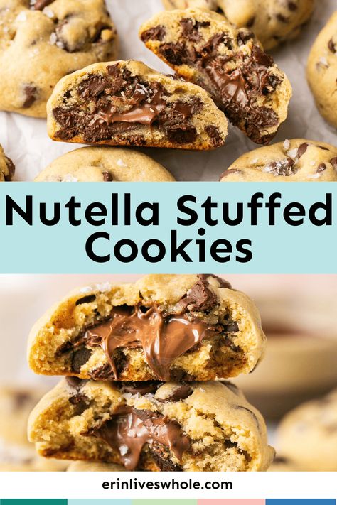 Nutella Stuffed Cookies - Erin Lives Whole Stuffed Chocolate Chip Cookies Recipes, Fudge Stuffed Cookies, Buttercream Stuffed Cookies, Jumbo Gourmet Cookies, Big Stuffed Cookies, Jumbo Stuffed Cookies, Stuffed Gourmet Cookies, Cookie Recipes Nutella, Stuffed Cookie Ideas