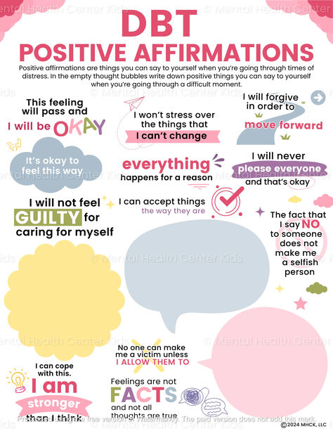 DBT Positive Affirmations Worksheet for Kids and Teens Dbt Activities, Challenge Negative Thoughts, Interpersonal Effectiveness, Positive Statements, Distress Tolerance, Dbt Skills, Behavior Therapy, Dialectical Behavior Therapy, Worksheet For Kids