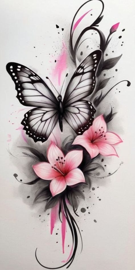 Butterfly Tattoo Words, Shoulder Butterfly Tattoos For Women, Butterfly And Flower Tattoo Designs, Exotic Flower Tattoos, Flower And Butterfly Tattoo, Butterfly And Flower Tattoo, Butterfly Tattoos Images, Butterfly Tattoo Ideas, Butterfly Tattoos For Women