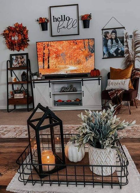 Amazon Home Inspiration, Fall Tv Stand Decor, Fall Table Arrangements, Fall Living Room Decor Warm Colors, Fall House Decor, Fall Decor Living Room, Fall Apartment Decor, Fall Szn, Future Bathroom