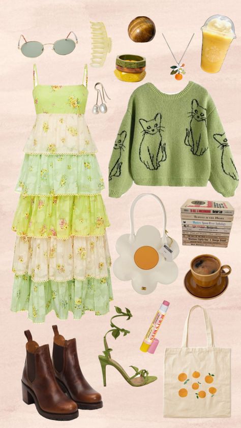 Created by ellarosejuhasz on Shuffles Artsy Aesthetic Outfits, Cottage Core Jewelry, Artsy Aesthetic, Artsy Style, Normal Clothes, Outfit Collage, Fits Clothes, Dress Sweater, Cute Preppy Outfits