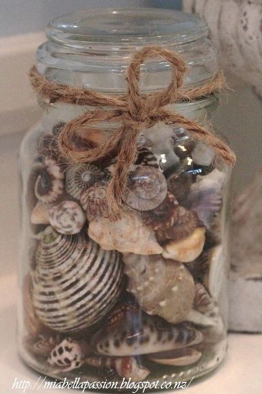 Jar Of Shells, Shell Jar, Twine Bow, Seashell Projects, Shell Decorations, Beach Bathroom Decor, Shell Crafts Diy, Jar Decor, Sea Shell Decor