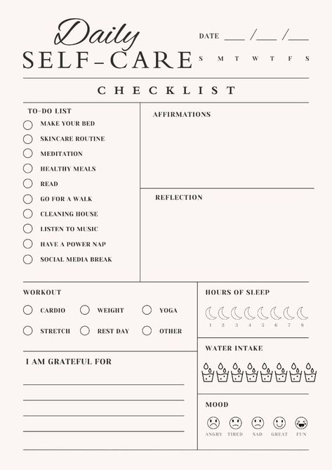 . #Organisation #Skincare_Checklist_Template #Daily_Planner_Checklist #Printable_Self_Care_Checklist Printable Self Care Checklist, Self Care Template Free Printable, Self Care Printable Free, Self Care Planner Template, Health Tracker Printable, Daily Checklist Printable, Daily Self Care Checklist, Daily Planner Ideas, Daily Routine Checklist