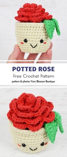 Potted Rose Free Crochet Pattern Rose Cottagecore, Crochet Zig Zag, Roses Au Crochet, Crochet Valentine Patterns, Pola Topi, Crochet Roses, Crochet Rose Pattern, Rose Crochet, Crochet Flowers Free Pattern