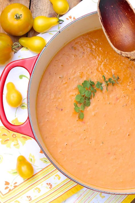 Long’s Yellow Tomato Soup — The Fountain Avenue Kitchen Yellow Tomatoes, Baby Tomatoes, Summer Soup, Veggie Stock, Tomato Soup Recipes, Cherry Fruit, Tomato Seeds, Tomato Recipes, Tomato Soup