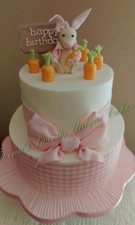 Pink Gingham Cake, Gingham Cake, Plaid Cake, Bunny Birthday Cake, Fake Bakes, Bunny Birthday, Baby Q, Fake Bake, Kids' Party