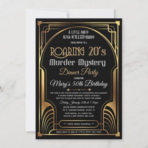 Roaring 20s Murder Mystery Invitation  Zazzle 1920s Party Invitations, Roaring 20s Invitation, Roaring 20s Birthday, Black And Gold Art, Speakeasy Party, Mystery Dinner Party, 25th Anniversary Party, Art Deco Invitations, Roaring 20s Party