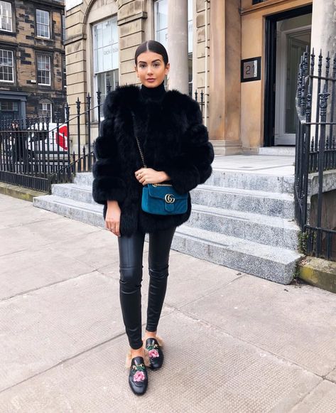 Street style, fur coat, Gucci floral princetown slippers, velvet Gucci Marmont bag, Teal blue, Turquoise @fashionbymnp Blue Leather Jacket Outfit, Black Fur Coat Outfit, Princetown Gucci, Fur Coat Street Style, Velvet Gucci, Slipper Outfit, Black Fur Jacket, Mules Outfit, Slippers Outfit