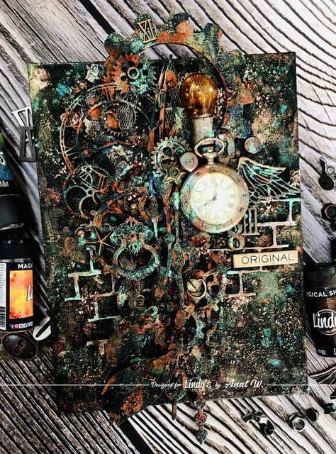 Steampunk Canvas, Steampunk Tutorial, Mixed Media Steampunk, Steampunk Mixed Media Art, Lindys Stamp Gang, Steampunk Mixed Media, Steampunk Crafts, Mixed Media Art Tutorials, Moon Shadow