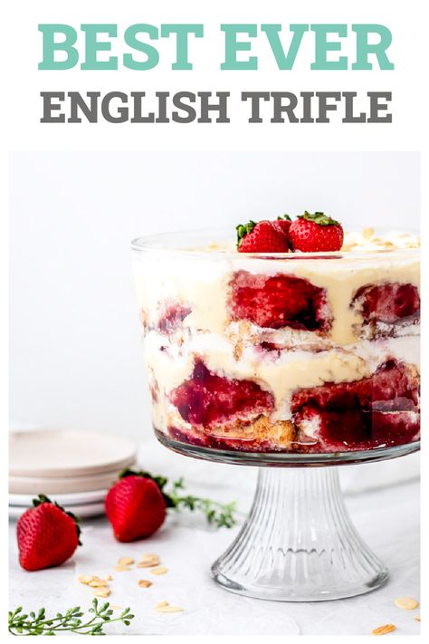 Impress your guests with this stunning and delicious English trifle recipe! Made with angel food cake soaked in sherry and jam, custard, and whipped cream, this layered dessert is always a crowd pleaser! Perfect to serve on Christmas, or for those other special occasions! English Christmas Trifle, English Trifle Recipe, English Trifle, Exciting Recipes, Strawberry Chia Jam, Cake And Ice Cream, Christmas Trifle, Healthy Christmas Recipes, Xmas 2022