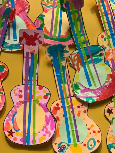 Music Crafts For Kindergarten, Music Day Crafts For Kids, Mexican Guitar Craft, Guitar Preschool Craft, Music Projects For Preschoolers, Music Instrument Activities Preschool, Musical Crafts For Preschoolers, Music Theme Preschool Crafts, Pre K Music Crafts