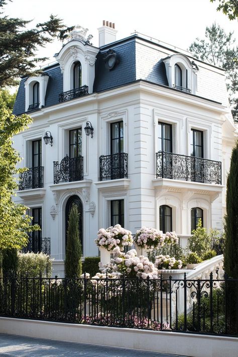 Modern white french mansion with black roof and iron balconies landscape with flowers. Let’s reveal the charming features, quirky details, and luxurious elegance of French mansions. French Home Architecture, Modern Mansion Landscaping, White Classic House, New Money House, French Apartment Exterior, French Villa Exterior, Parisian House Exterior, French Normandy House, French Luxury Interior