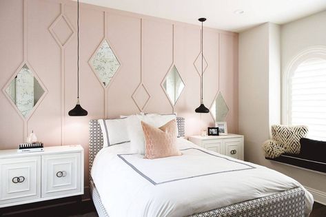 Beautiful pink bedroom with a custom geo accent wall unlike any other! - Decoist King Size Bed Headboard, Pink Accent Walls, Blush Pink Bedroom, Parisian Bedroom, Pink Headboard, Headboard With Shelves, Gold Bedroom, Accent Wall Bedroom, Pink Bedrooms