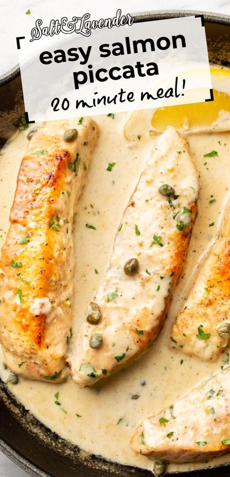 a skillet with four pieces of salmon and text overlay that reads easy salmon piccata - 20 minute meal! Lemon Caper Cream Sauce, Lemon Sauce For Fish, Salmon Piccata Recipe, Caper Cream Sauce, Salmon Sauce Recipes, Easy Salmon Recipe, Salmon Piccata, Lemon Cream Sauce, Creamy Salmon