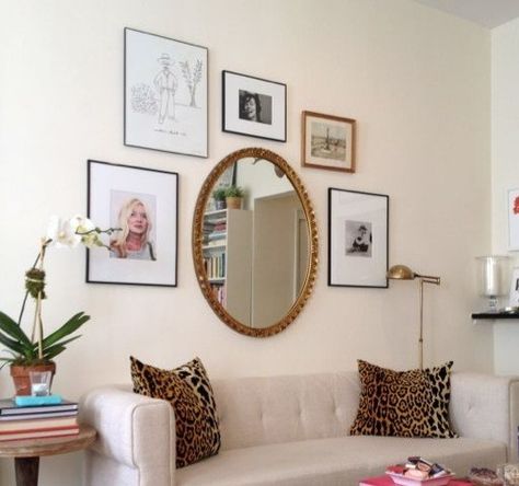 Oval Mirrors Living Room, Pictures Around Mirror Ideas, Gallery Wall With Circular Mirror, Gallery Wall With Circle Frame, Oval Mirror Bedroom Decor, Large Round Mirror Gallery Wall, Oval Mirror Wall Decor Living Room, Gold Round Mirror Wall, Mirror Above Couch Boho