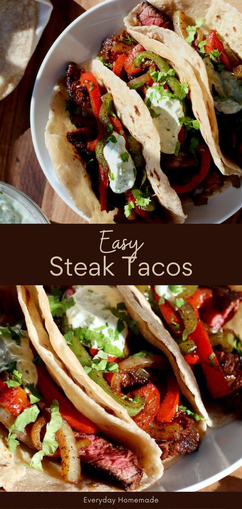 Indulge in a mouthwatering dinner with these easy steak tacos! This quick recipe features succulent flank or skirt beef, seasoned to perfection with homemade fajita seasoning. Sautéed with vibrant bell peppers and onions on the stovetop in a skillet, these tacos are ready in just 30 minutes. Enjoy a simple and delicious meal that's perfect for busy evenings. Find more dinner ideas and elevate your weeknight with these flavorful and satisfying steak tacos. Beef Steak Fajitas, Sirloin Tacos, Steak Fajita Tacos, Beef Fajita Tacos, Top Round Steak Taco Recipes, Beef Steak Tacos Recipes, Steak Tacos Recipes Easy, Beef Fajita Street Tacos, Sirloin Steak Tacos