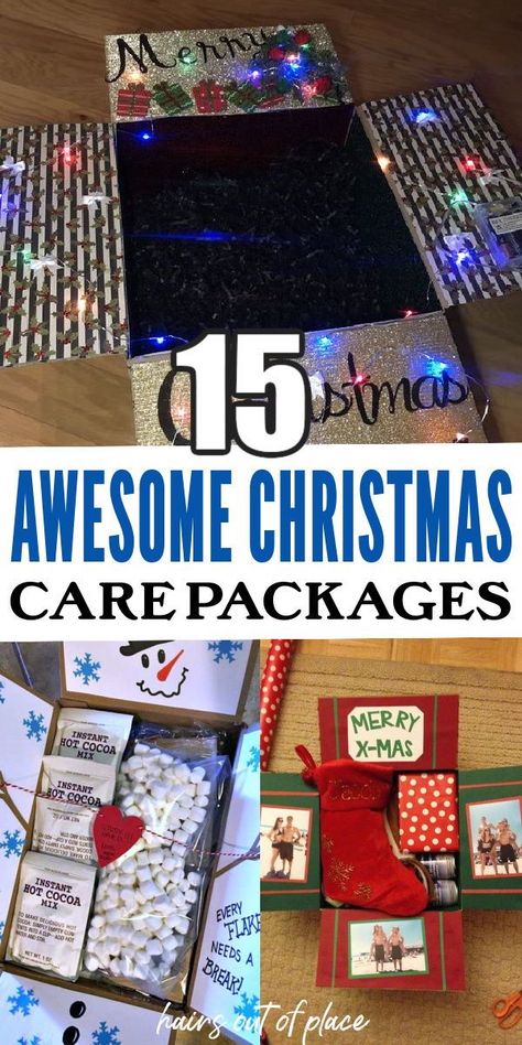 Tis the season for the best kind of Christmas gift, a Christmas care package! If you’re looking for an easy and thoughtful way to gift a girlfriend, boyfriend, or friend, these 15 Christmas care package ideas are amazing! Christmas care packages make for a great way to put together all the things you think someone else would enjoy for the holidays and is something equally as exciting to open! Ideas For Deployment Packages, Christmas Care Package Ideas Friends, Christmas Box For College Student, Blue Care Package Ideas, Deployed Care Packages, Countdown To Finals Care Package, New Years Care Package, New Year Care Package, Hug In A Box Care Package