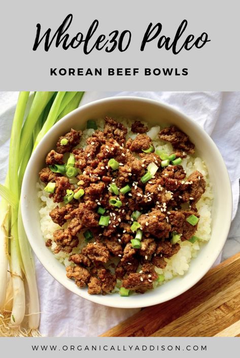 An easy and healthy weeknight dinner idea!  These Whole30 Paleo Korean Beef Bowls are simple, quick, and absolutely delicious! Whole30 Ground Beef, Ground Beef Crockpot, Beef Crockpot Recipes, Foreign Cuisine, Ground Beef Crockpot Recipes, Gluten Free Hamburger, Korean Beef Bowl, Beef Bowls, Paleo Beef