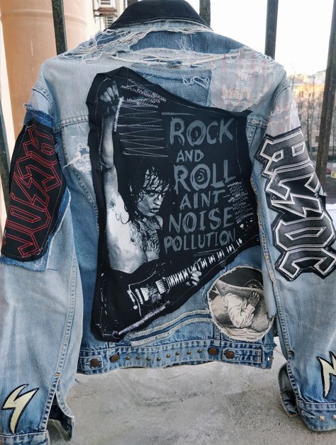 Custom punk rock clothing by ncbastards.com Distressed ac/dc denim vintage jacket Acdc Songs, Jacket Closet, Rock Jacket, Customised Clothes, Customised Denim Jacket, Rock Aesthetic, Punk Rock Outfits, Battle Jacket, Painted Denim Jacket