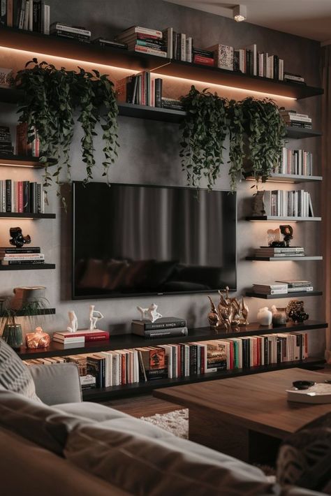 Dark Oak Living Room Ideas, 2 Tvs In Living Room, Dark Tv Room, Dark Tv Stand, Library Tv Room, Tv Stand With Bookshelves, Room Entertainment Center Ideas, Living Room Entertainment Center Ideas, Tv Unit Living Room