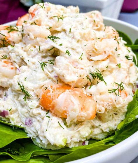 crab salad with real lump crab meat on a bed of lettuce in a white bowl Lump Crab Meat Salad, Lump Crab Salad, Shrimp And Crab Salad, Crab Meat Salad Recipe, Crab Meat Salad, Seafood Salad Recipe, Lump Crab Meat, Crab Salad Recipe, Sea Food Salad Recipes