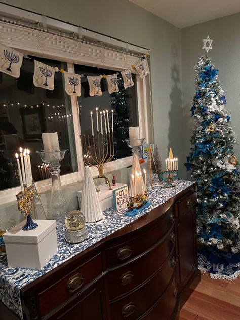 Menorahs, Candles, Hanukkah Tree and Ornaments Hanukkah Tree Ideas, Hanukkah Table Decorations, Hanukkah Christmas Tree, Chanukah Aesthetic, Hanakah Aesthetic, Hannukah Decorations Aesthetic, Hanukkah Party Food, Hanukkah Aesthetic, Hanukkah Table Setting