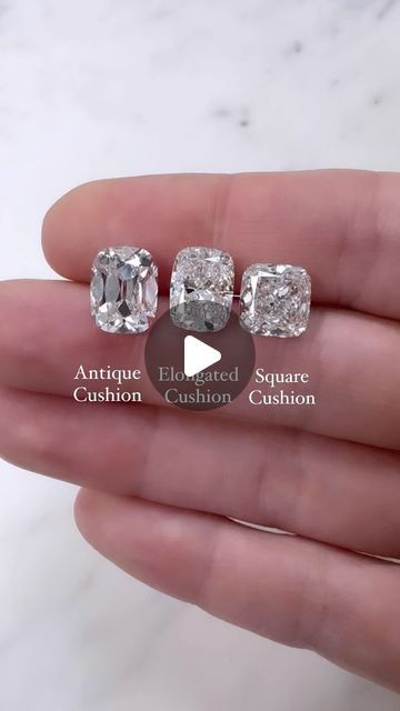 Alexandra Beth Fine Jewelry on Instagram: "I always get asked about the different type of cushion cuts so here you go! To me these are the three main types!   Within the elongated and square cushions- they can be classified as cushion modified brilliant or cushion brilliant. CMB has extra facets and more of a crushed ice look! Most elongated cushions I see are CMB. Square cushions are more commonly either CMB or CB. And antiques are classified as CB on the cert (or old mine cut) but they have their own unique appearance!   #antiquecushion #elongatedcushion #cushioncut #cushionbrilliant #cushionmodifiedbrilliant #alexandrabeth" Diamond Carat Size Chart Cushion, Old Mine Elongated Cushion, Antique Elongated Cushion Cut, Diamond Carat Size Chart, Carat Size Chart, Cushion Cut Wedding Rings, Diamond Carat Size, Antique Cushion Cut, Classic Cushions