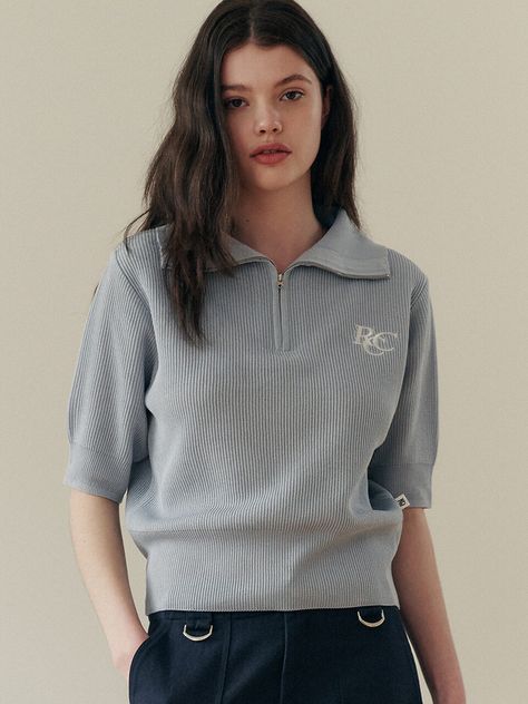 Designer fashion, Seoul-fully created | W Concept Sweater Short Sleeve, Zip Collar, Collared Sweatshirt, Sweatshirt Short Sleeve, Half Zip Sweaters, Acrylic Fabric, Logo Embroidery, Sweater And Shorts, Ribbed Fabric