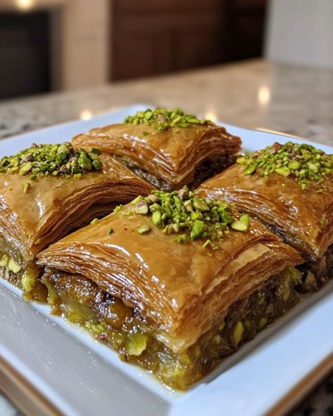 🌰🍯 Pistachio Baklava 🌰🍯 Ingredients For the Baklava - 1 package phyllo dough (16 oz), thawed - 2 cups pistachios, finely chopped - 1/2 cup walnuts, finely chopped - 1/4 cup granulated sugar - 1 teaspoon ground cinnamon - 1 cup unsalted butter, melted For the Honey Syrup - 1 cup granulated sugar - 1/2 cup water - 1/2 cup honey - 1 teaspoon lemon juice - 1/2 teaspoon vanilla extract Directions 1. Preheat your oven to 350°F (175°C). 2. In a bowl, mix the chopped pistachios, wa... Honey Baklava Recipe, Turkish Aesthetic, Pistachio Baklava, Pistachio Recipes, Baklava Recipe, Homemade Cookbook, Festive Desserts, Phyllo Dough, Honey Syrup