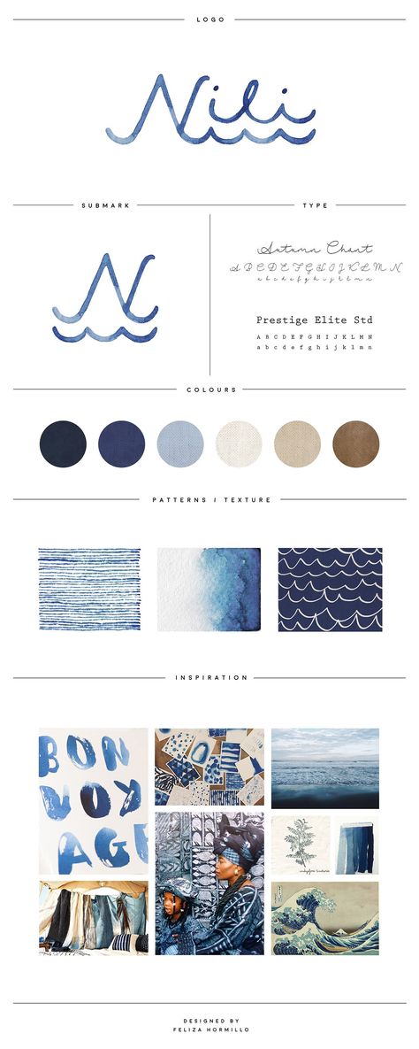 Branding design for Nili, an indigo-dyed line of products inspired by the sea made in the Philippines. Sea Typography Design, Ocean Branding Design, Nautical Branding Design, Swimsuit Branding Design, Marine Graphic Design, Branding Design Restaurant, Coastal Branding Design, Coastal Graphic Design, Sea Poster Design