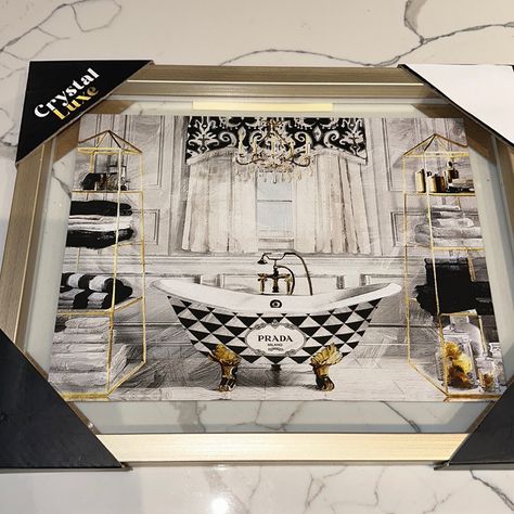 Luxury Bathroom Wall Art 11 In X 14 In Black And White With Gold Accents Prada Bathroom Artwork, Metal Figurines, Framed Cross Stitch, Luxury House Plans, Seashell Art, Whimsical Decor, Art Color, Bathroom Wall Art, Monochrome Photography