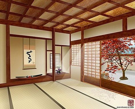 oriental clean room - wood coffered ceiling white backdrop. Japanese Dojo, Dojo Design, Japanese House Design, Modern Japanese Interior, Japanese Home Design, Japanese Style House, Traditional Japanese House, Asian Interior, Japanese Interiors