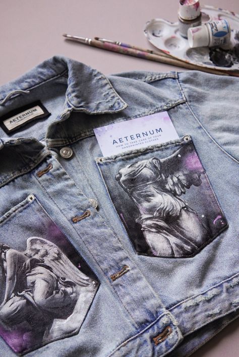 Hand Painted Denim Jacket Art, Jeans Jacket Painted, Painting On Denim Jacket, Hand Painted T Shirts, Painted Jeans Jacket, Denim Jacket Painting, Denim Jacket Diy, Jean Jacket Painted, Denim Jacket Painted