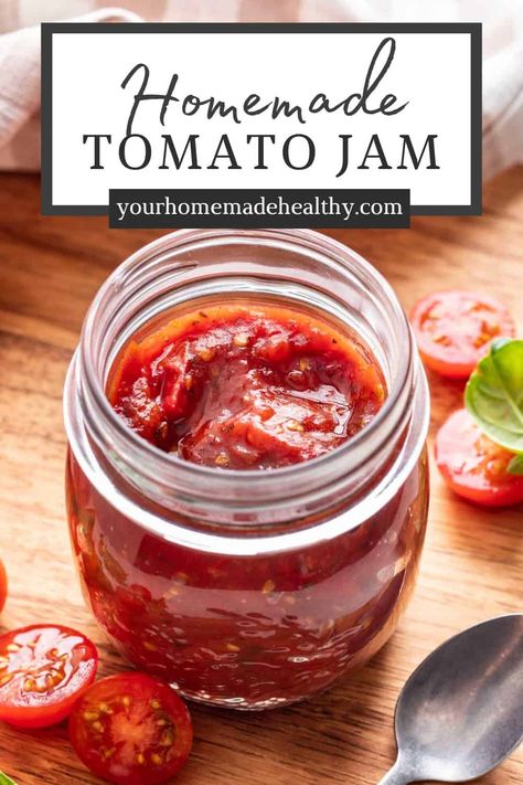 Homemade Tomato Jam is the perfect addition to your morning toast, egg scramble, deli sandwich, or cheese board. It's made of fresh tomatoes and simple seasonings. Make it in about 45 minutes for a delicious, yet easy-to-make, sophisticated topping. Tomatoes Jam Recipe, Balsamic Tomato Jam, Healthy Dressings, Toast Egg, Tomato Jam Recipe, Tomato Breakfast, Homemade Bbq Sauce Recipe, Family Breakfast Recipes, Egg Scramble