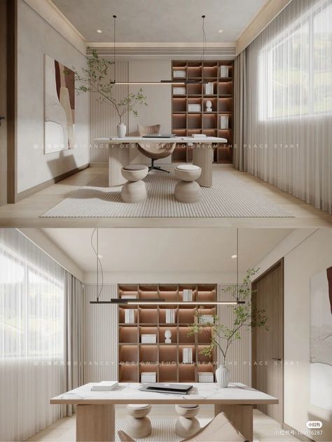 Modern Home Study Design, Home Office With Bookcase Behind Desk, High Storage Ideas, Japandi Office Space, Interior Design Office Studio, Japandi Office Design, Japandi Office, Design Studio Office, Small Office Design