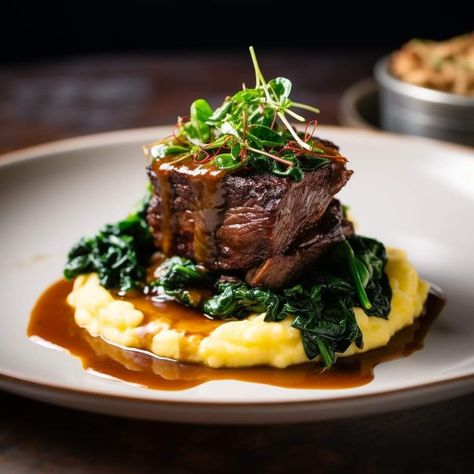 Braised Beef Polenta, Short Ribs With Creamy Polenta, Beef Short Ribs With Polenta, Braised Short Ribs With Polenta, French Braised Short Ribs, Short Ribs Polenta, Short Ribs And Polenta, Fancy Starters, Braised Ribs