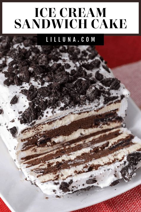 Oreo studded Ice Cream Sandwich Cake is cool, creamy and refreshingly delicious. It is perfect for hot summer days!! #icecreamsandwichcake #icecreamsandwich #icecreamcake #cake #chocolateicecreamsandwiches Ice Cream Sandwich Cake Recipe, Oreo Ice Cream Sandwich, Make Ice Cream Cake, Easy Ice Cream Sandwiches, Cream Sandwich Cake, Oreo Ice Cream Cake, Ice Cream Sandwiches Recipe, Fudge Ice Cream, Ice Cream Sandwich Cake