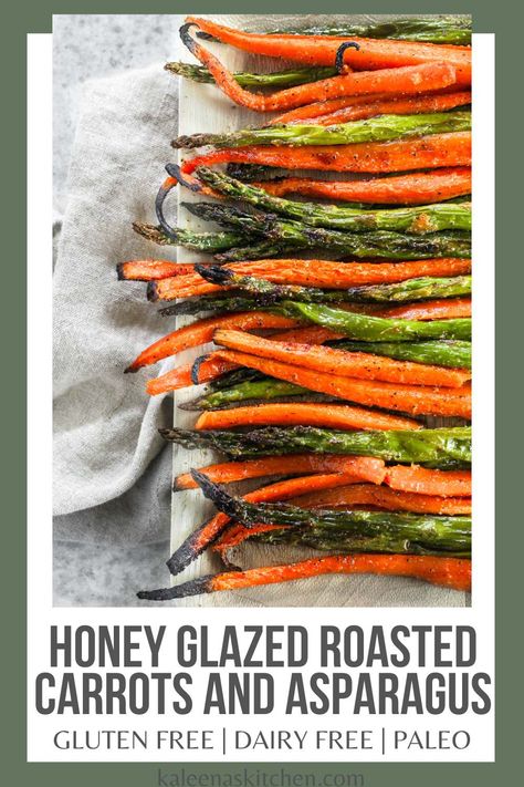 In need of a simple side dish? This honey glazed roasted carrots and asparagus recipe is an easy but delicious side dish perfect for any occasion. Glazed Asparagus Recipes, Honey Roasted Asparagus, Carrots Asparagus Roasted, Holiday Asparagus Recipes, Roasted Carrots And Asparagus Recipes, Christmas Asparagus Side, Asparagus And Carrots Recipes, Roast Asparagus In Oven, Roasted Carrotts