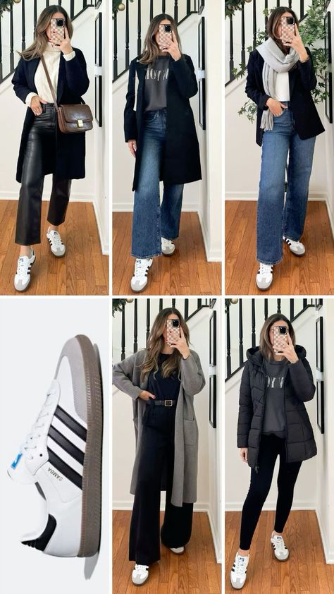 Style With Adidas Samba, Casual Shoe Outfits, Adidas Samba Winter Outfit Women, Women’s Adidas Outfits, Casual Shoes Women With Jeans, Outfit Inspo Adidas Samba, Outfit For Samba Shoes, Casual Chic Outfit With Sneakers, Addidas Sambas Girl Outfit Winter