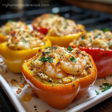 Crab And Shrimp Stuffed Bell Peppers Good Seafood Recipes, Stuffed Bell Peppers Crab Meat, Shrimp And Stuffing, Tostones With Shrimp, Stuffed Bell Peppers Shrimp Crab Meat, Easy Shrimp Dinners For Two, Shrimp And Cucumber Recipes, Stuffed Peppers With Shrimp, Shrimp And Lump Crab Recipes