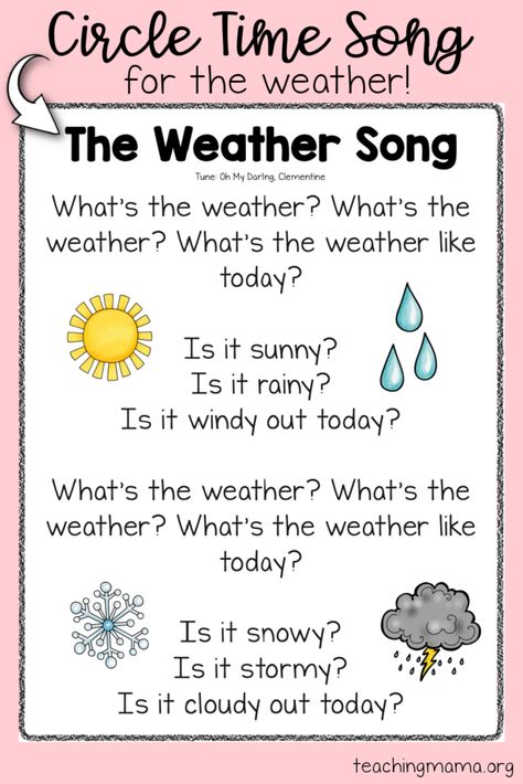 weather song for circle time Quiet Time Songs For Preschool, Circle Time Fingerplays, Closing Songs For Circle Time, January Songs For Toddlers, Songs To Sing With Preschoolers, October Circle Time Songs, Calendar Songs For Kindergarten, Preschool Carpet Time Activities, Circle Time Welcome Songs