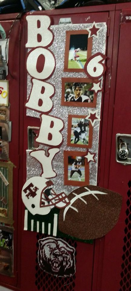 Football locker decoration Sports Locker Decorations, Football Locker Signs, Basketball Locker Decorations, Volleyball Locker Decorations, Locker Room Decorations, Football Locker Decorations, Locker Decorations Diy, Soccer Locker, Volleyball Locker