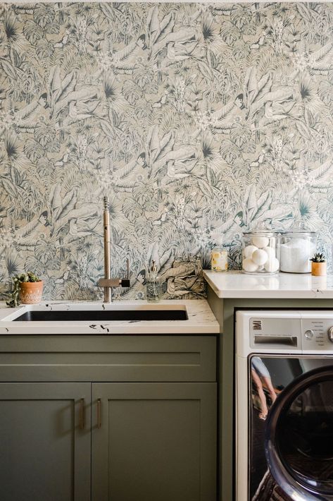 wallpaper in the laundry room Sage Green Laundry Room, Green Laundry Room, Sage Green Cabinets, Accent Paint Colors, Dreamy Wallpaper, Wallpaper Design Ideas, Faux Brick Wallpaper, Granite Sinks, Green Laundry