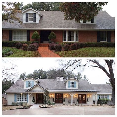 This is a gorgeous transformation of a brick home that has been painted and lightened up.  It's so fresh and welcoming!  Read the post to see other painted brick homes and how they add charm and curb appeal. Craftsman Remodel, Colonial Beach, Painted Brick House, House Ranch, Ranch Remodel, Ranch Exterior, Brick Ranch, Home Exterior Makeover, Exterior Renovation