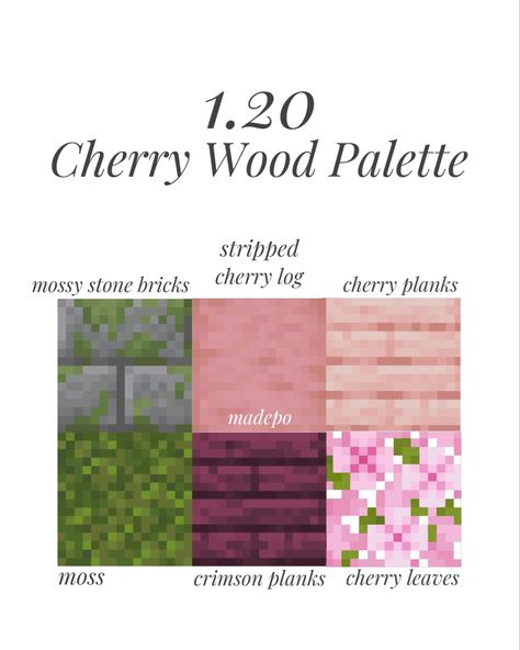 Minecraft Pallets Cherry Blossom, Oak Block Pallets Minecraft, Minecraft Pallete Blocks, Cherry Blossom Block Pallet Minecraft, Cherry Blossom Colour Palette Minecraft, Pink Wood Minecraft, Minecraft Wood Combos, Minecraft Cherry Blossom Pallet, Minecraft Pink Pallet