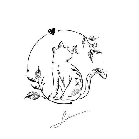 Cat Tattoo Ideas Creative, Love Cats Tattoo, Tattoos Of Cats For Women, Bonds That Tie Tattoo, Boho Cat Tattoo, Mom And Daughter Cat Tattoos, Karma Cat Tattoo, Cats Tatoos Ideas, Cat Chasing Butterfly Tattoo