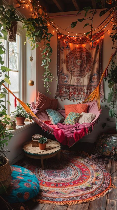 Boho Hang Out Room, Comfort Images Aesthetic, Loft Room Ideas Aesthetic, Carpet Aesthetic Bedroom, Cozy Meditation Space, Boho Hangout Room Ideas, Hammocks In Bedrooms, Zen Reading Room, Hippy Apartment Decor